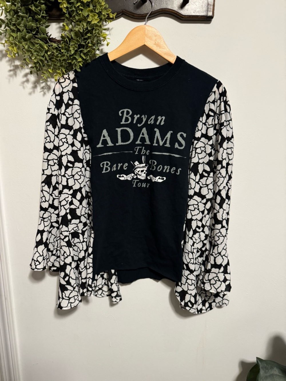 Upcycled Bryan Adams 'The Bare Bones Tour' Black Graphic Top with Floral Sleeves